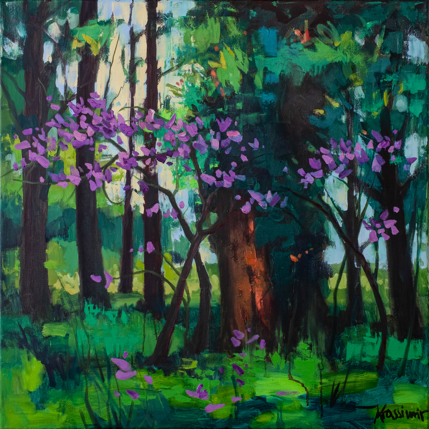 Bluetenspiel im Wald, Öl auf Leinwand 80x80 cm, 2019